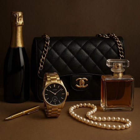 Women's accessories on a brown background with pearls and a bottle of perfumeの写真素材