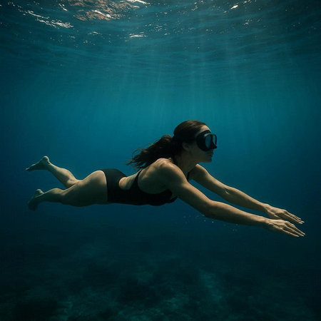 Young woman diving underwater in deep blue sea. She is wearing a black swimsuitの写真素材