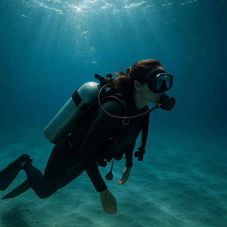 Young woman scuba diver at the bottom of a tropical sea.