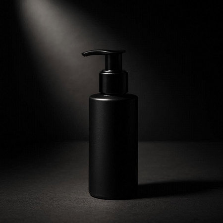Black cosmetic bottle with dispenser on black background. 3d renderingの写真素材
