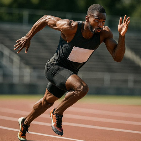 African american male athlete running on a track and field during a raceの写真素材