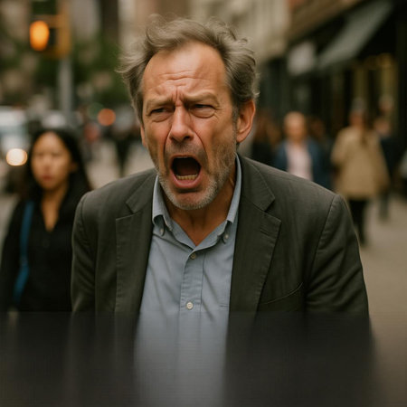 Angry middle-aged man sitting at a table in the street