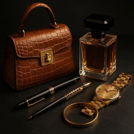 Men's accessories and perfume on a black background. Close up.の写真素材