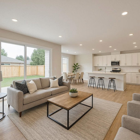 Luxury living room with dining area and kitchen. Northwest, USA