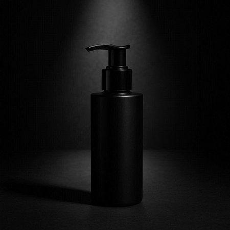 Mockup of a black cosmetic bottle on a black background.の写真素材
