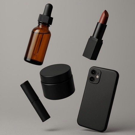 Mockup of a black cosmetic bottle with a pipette and a smartphone on a gray backgroundの写真素材