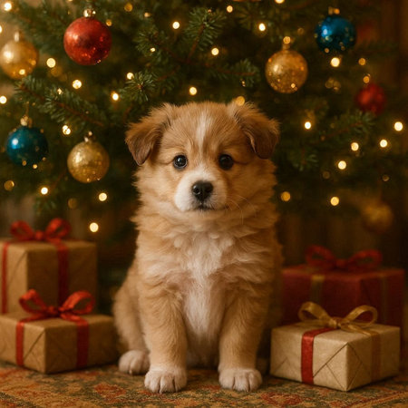 Cute red puppy with christmas tree and gifts in the backgroundの写真素材