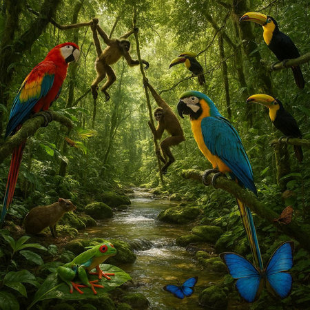 Beautiful parrots on a branch in the jungle. 3d rendering
