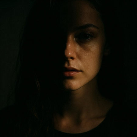 Portrait of a beautiful young woman with long hair in a dark room