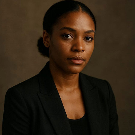 Portrait of a black woman wearing a black suit on a dark background