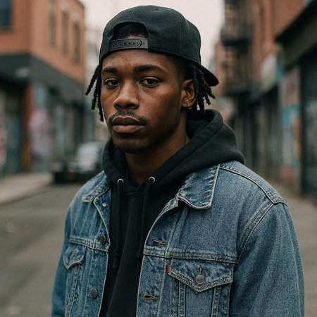 Portrait of african american man with dreadlocks in jeans jacket and baseball cap.の写真素材