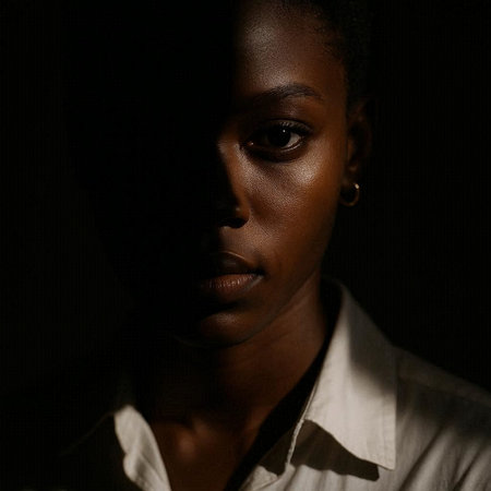 portrait of a black woman in a white shirt on a black background
