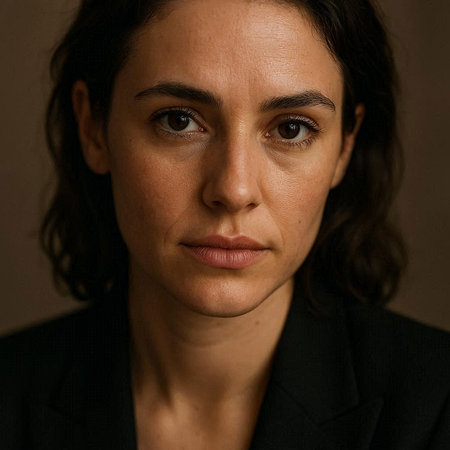 Portrait of a beautiful brunette businesswoman in black suit looking at camera