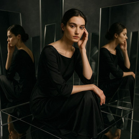 beautiful young woman in black dress looking at camera while sitting near mirrorの写真素材