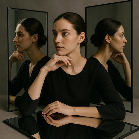 Portrait of beautiful young woman in black dress looking at reflection in mirror