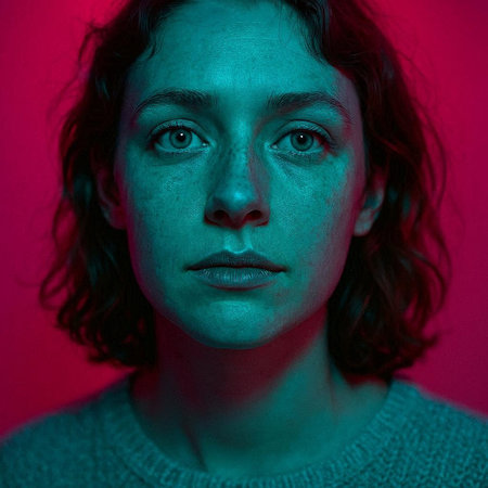 Portrait of a young man looking at camera in neon light.