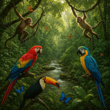 Beautiful parrots on the tree in the jungle. 3d rendering