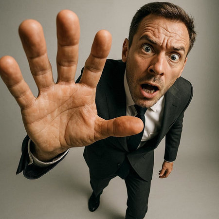 Scared businessman showing stop gesture on grey background. Studio shot.
