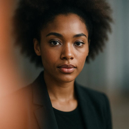Beautiful african american businesswoman with curly hair looking at camera