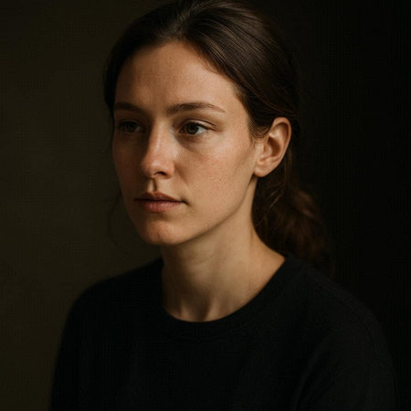 Portrait of a young woman with freckles on her face