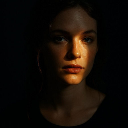 Portrait of a beautiful young woman in a dark room. Studio shot.