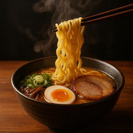 japanese ramen noodle soup with pork and egg on wooden table