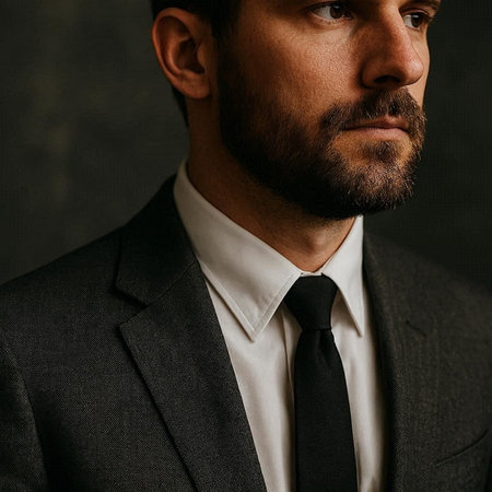 Close up portrait of a bearded man in a suit on a dark background