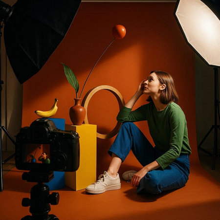 Young beautiful woman in a green t-shirt and blue jeans sits on the floor near the vase with a plant...