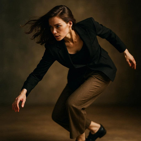 Beautiful young woman in a black jacket and trousers dancing in the studio