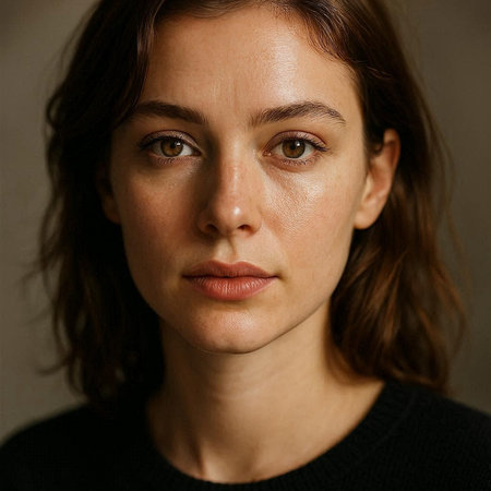 Portrait of a young woman with brown hair and freckles