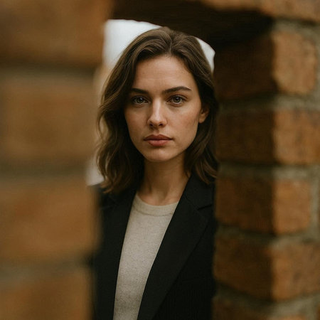 Portrait of a beautiful woman in a black jacket and a white hat