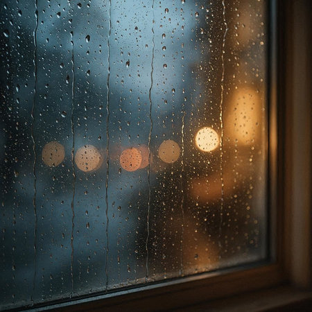 Raindrops on the window with blurred bokeh light background.