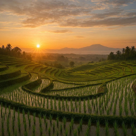 Rice field terraces at sunset in Bali, Indonesia.