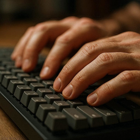 Hands typing on keyboard, shallow depth of field, selective focus