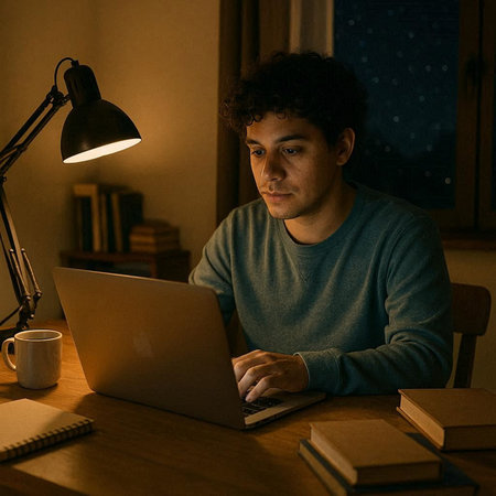 Young man working on laptop in the dark room at night. Freelance and remote work concept.