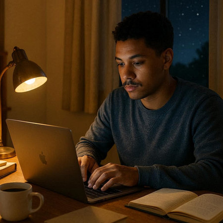 Young african american man using laptop at night in front of window.