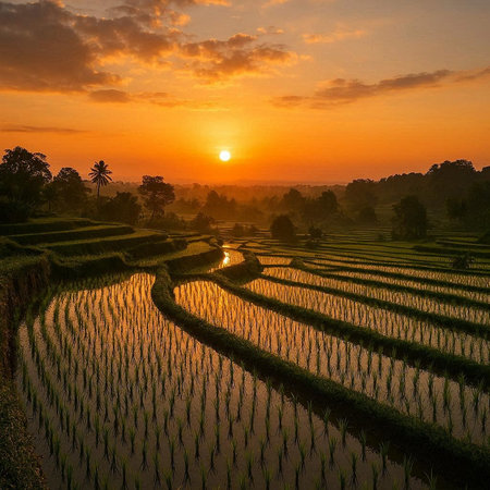 Rice terraces at sunset in Bali, Indonesia. Rice fields are one of the most popular tourist attractions in Bali.の写真素材