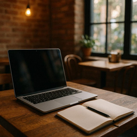 Laptop with blank screen on wooden table in cafe. Work from home concept.
