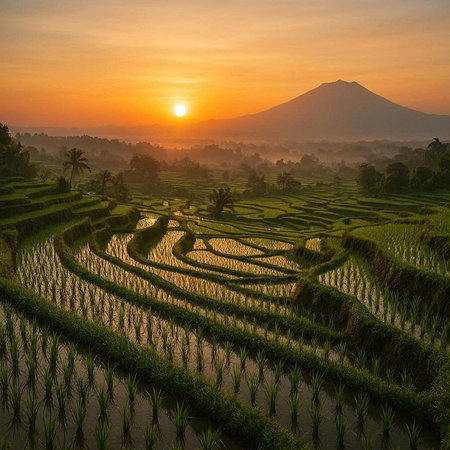 Rice terraces and Mt. Fuji at sunrise, Bali, Indonesiaの写真素材
