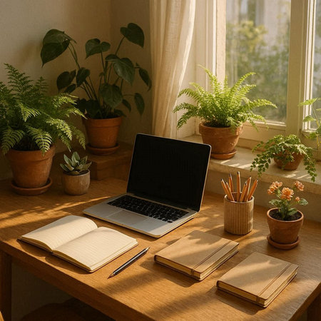 Working space with laptop, notepad, stationery and plants.