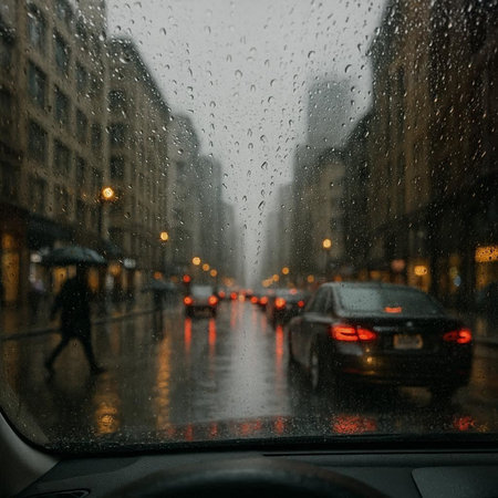 View from the car on a rainy day through the windshield of a car.の写真素材