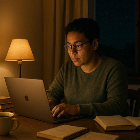 Asian man working on laptop computer at night in the living room.