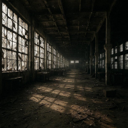 Abandoned industrial interior with large windows. 3D rendering.
