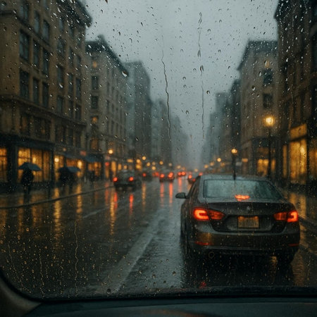Car driving through the rain on a rainy day in Paris, Franceの写真素材