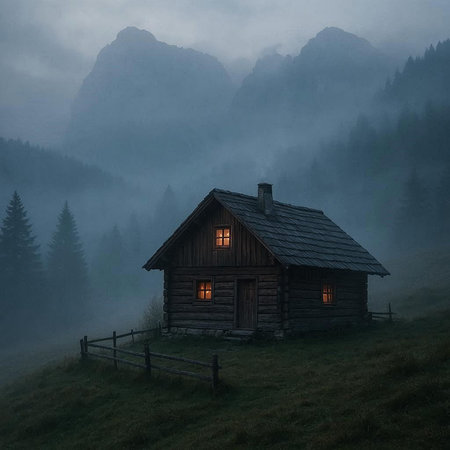 Wooden hut in the foggy mountains at dawn. Carpathians, Ukraineの写真素材