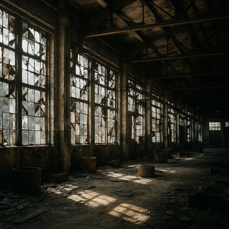 Abandoned industrial interior of an old factory building with large windows
