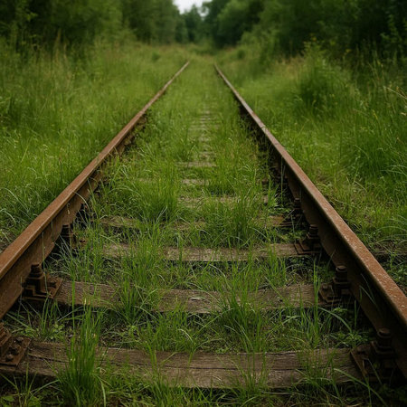 Railway tracks in a field with green grass, selective focus.