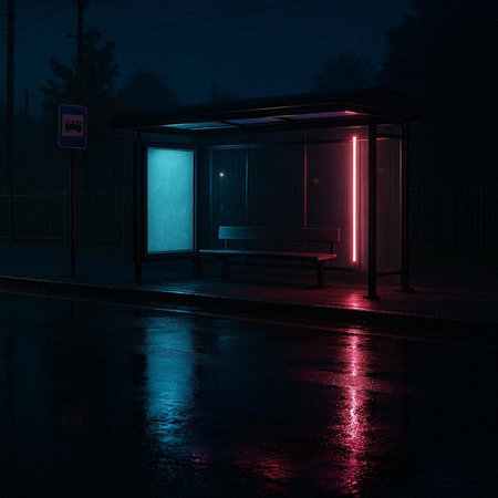 Illustration of a bus stop at night with neon lights and reflectionsの写真素材