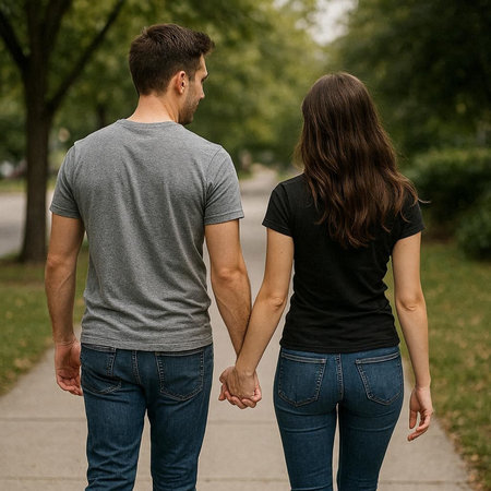 Back view of a young couple holding hands while walking in the park