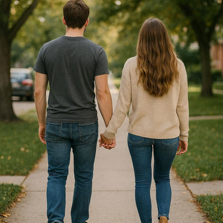 Back view of a young couple holding hands and walking in the park